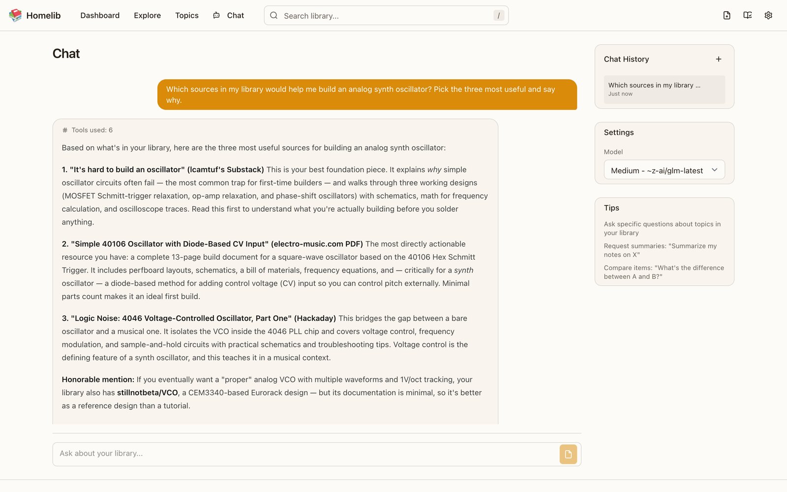 Homelib chat selecting sources to help with a question about building an analog synthesizer
