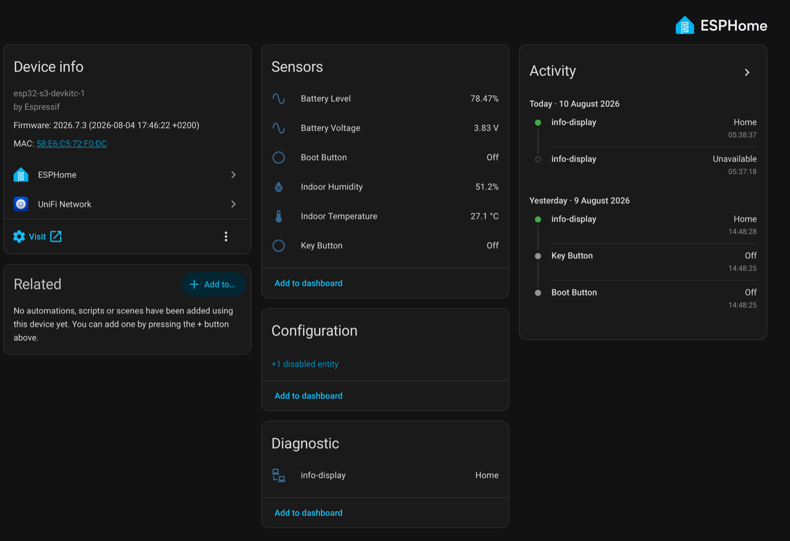 ESPHome device page showing the panel's sensors and controls in Home Assistant